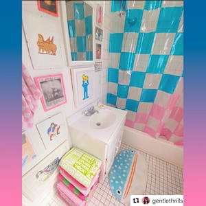 Custom size and colour checkered waterproof shower curtain with metal eyelets bathroom decor pink blue green yellow orange black red