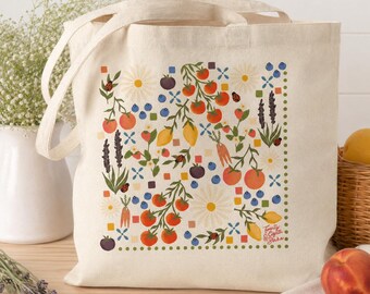 Harvest Tote Bag: Hand-Illustrated Garden Vegetables, Fruits, Florals – Cottagecore Style