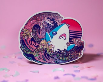 Vaporwave Shark Sticker | Holographic Glitter Vinyl Decal
