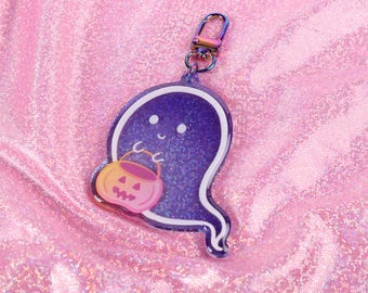 Cute Ghost Trick-or-Treat Keychain with Holographic Clasp Semi-Transparent | Kawaii Spooky Accessory | Halloween Accessory for Bags and Keys