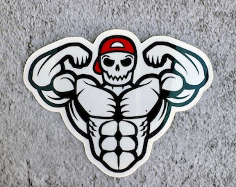 Death's Gym Logo Sticker, Buff Grim Reaper, Glossy Vinyl