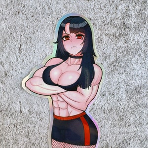 May include: A sticker of a woman with long black hair, wearing a black sports bra, black shorts with a red stripe, and fishnet stockings. She has red eyes and a serious expression.