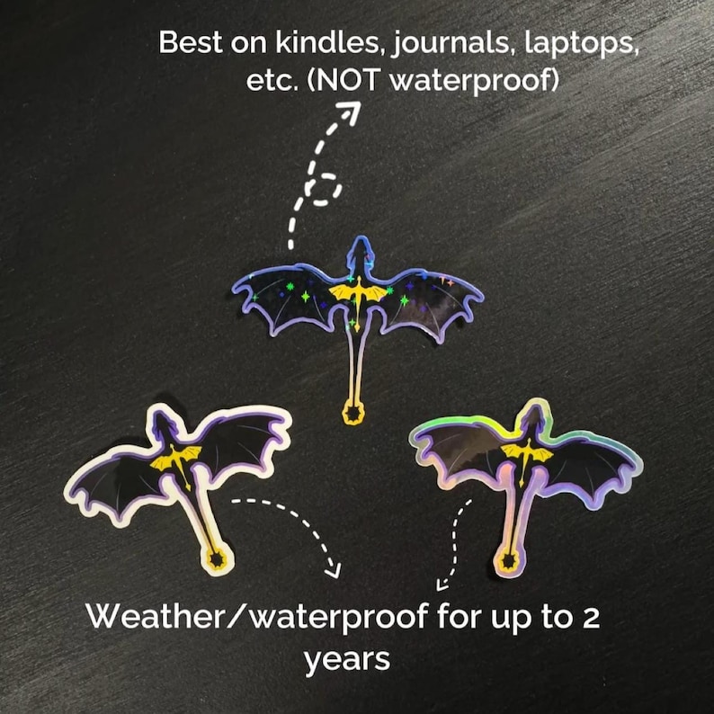 May include: Three bat-shaped stickers with iridescent wings and yellow and blue accents. The stickers are weather/waterproof for up to 2 years and are best on kindles, journals, and laptops. The text on the image says "Best on kindles, journals, laptops, etc. (NOT waterproof)" and "Weather/waterproof for up to 2 years."