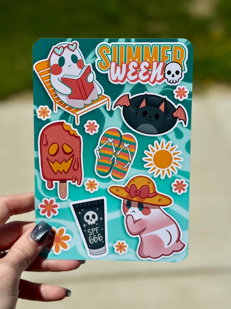 May include: A sticker sheet with a teal background featuring summer-themed illustrations. Includes a ghost reading a book, a bat, a melting popsicle, flip-flops, a sun, and a ghost wearing a hat. The text "SUMMER WEEK" and "SPF 666" are also present.