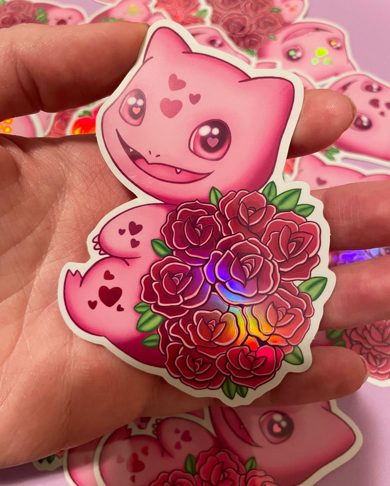 HOLOGRAPHIC Rose Bulbasaur Sticker Pokemon Valentine Sticker Etsy
