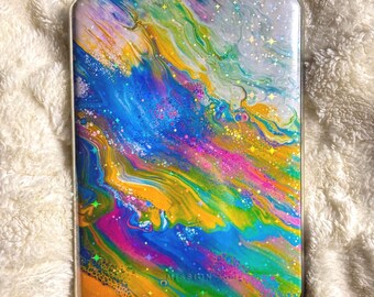Rainbow Marble Kindle Insert | Colorful Paint Pour Decor, Holographic Stars