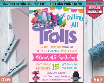 INSTANT DOWNLOAD-Trolls Birthday Party,Trolls Invitation,Trolls Birthday Invitation,Trolls Cartoon,Trols,Printable,Digital File,PDF