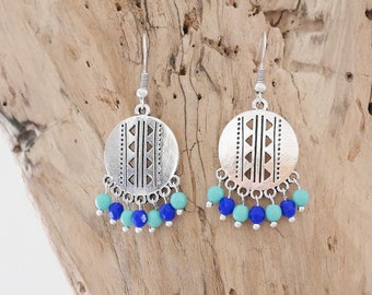 Silver boho earrings ethnic style silver, turquoise blue and blue Klein (BO213)