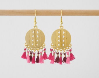 Ethnic style dangling pompom earrings in fuchsia, plum, Indian pink and gold with pompoms (BO195)