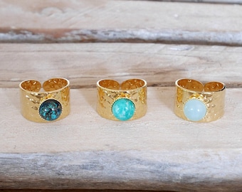 Verstelbare ring verguld met fijn goud, ronde stenen ring van amazoniet uit Peru, aquamarijn of chrysocolla, verstelbare ring, gehamerde ring
