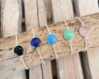 Fijne zilveren boho chique armband. Ronde stenen armband in rozenkwarts, chrysopraas, zwarte onyx, lapis lazuli, turkoois. Dames cadeau