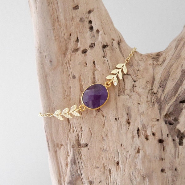 Bracelet boho chic fine chain golden spike. Purple oval stone bracelet in amethyst (BRCH22ORaméthyste) Christmas gift woman or girl