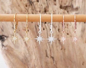 Pendientes de aro minimalistas boho chic, mini aros de estrella pavimentados con pedrería plateada, dorada o rosa, regalo de San Valentín y Navidad para mujeres y niñas