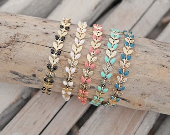 Goldenes Ohrarmband, emailliert in Schwarz, Weiß, Türkis, Rosa, Entenblau. Epi-Blatt-Armband. Minimalistisches Armband. Weihnachtsgeschenk für Frau oder Mädchen