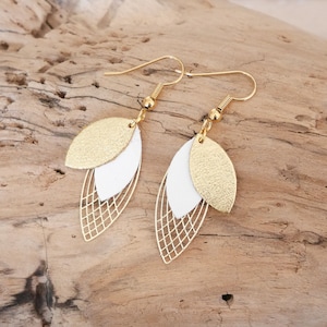 Ivory or white and gold leather leaf earrings. Leather leaf buckles. Bridal curls. Wedding curls. Women's gift BO361ivgold image 1