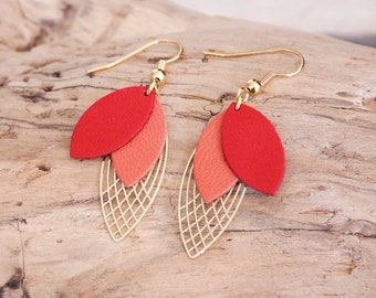 Red and coral leather leaf earrings, coral pink, red and gold leather earrings. Red and gold curls. (BO361coralred)