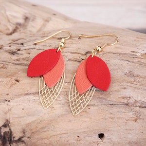 Red and coral leather leaf earrings, coral pink, red and gold leather earrings. Red and gold curls. (BO361coralred)