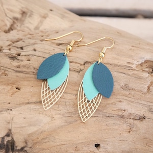 Mint green and duck blue leather leaf earrings, leaf leather earrings, duck blue, green and gold leather earrings (BO361canment)