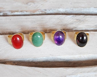 Adjustable ring gilded with fine gold, oval stone ring of aventurine, carnelian, garnet or amethyst, adjustable ring