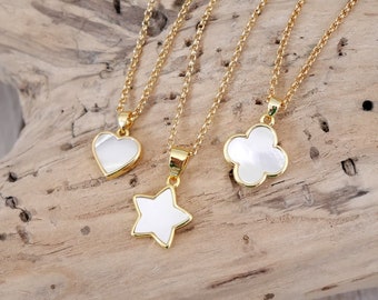 Fine gold chain necklace, mother-of-pearl star, heart or clover pendant. (COCH35) Christmas gift for woman or girl