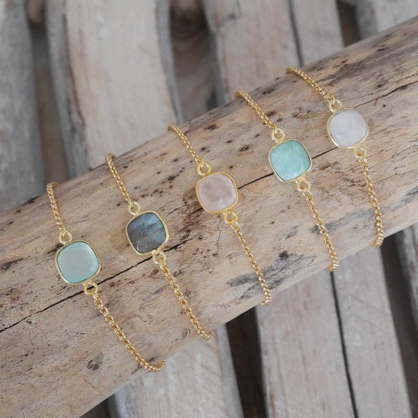 Minimalist thin gold bracelet. Square stone bracelet rose quartz, amazonite, moonstone, chalcedony, labradorite Christmas gift for women