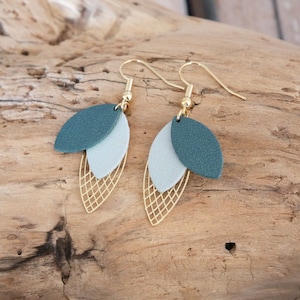 Leaf earrings in dark green and sea green pearly leather. Geometric curls. Green and gold curls. Christmas gift for woman and girl