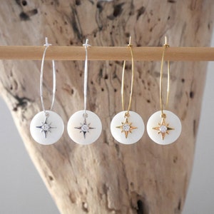 Minimalist silver or gold boho chic hoop earrings, north star and mother-of-pearl sequin. christmas gift woman girl