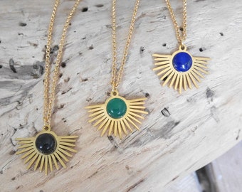 Gold stainless steel necklace, sun pendant, green agate stone, black onyx or lapis lazuli (COCH26) Gift for woman or girl