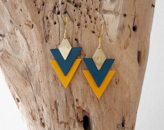 Geometric triangle earrings in duck blue and mustard yellow leather (BO25canardmoutarde) Yellow and blue earrings. Women&#39;s gift