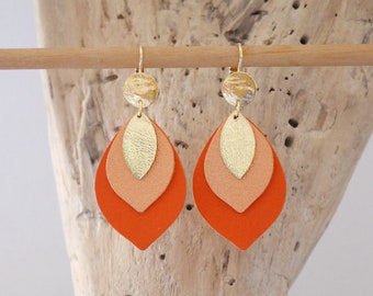 Leaf earrings in orange, light orange and gold leather. Orange and gold leather drop earrings. Women's Christmas gift.