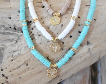 White, turquoise blue, or taupe beige heishi necklace. North star necklace. Surfer necklace. Summer necklace. Trendy necklace. (COHE08)
