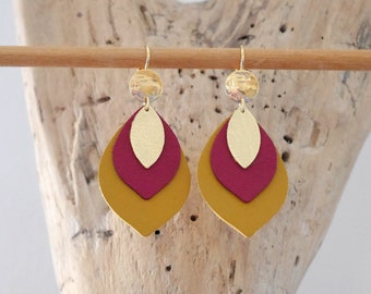 Leaf earrings in purple, yellow and gold leather. Drop buckles in purple, mustard and gold leather. Wife Christmas gift.