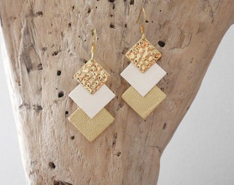 Geometric square earrings in ivory and gold leather (BO231ORivorygold) Christmas gift for woman or girl