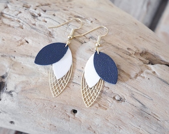 Leaf earrings in midnight blue and ivory leather. Geometric curls. Christmas gift for woman or girl.