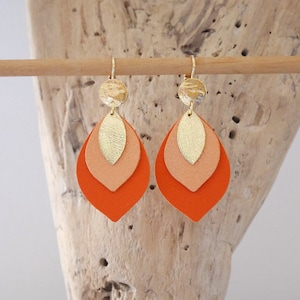 Leaf earrings in orange, light orange and gold leather. Orange and gold leather drop earrings. Women's Christmas gift.