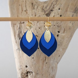 Leaf earrings in electric blue, navy blue and gold leather. Blue and gold leather drop earrings. Women's Christmas gift.