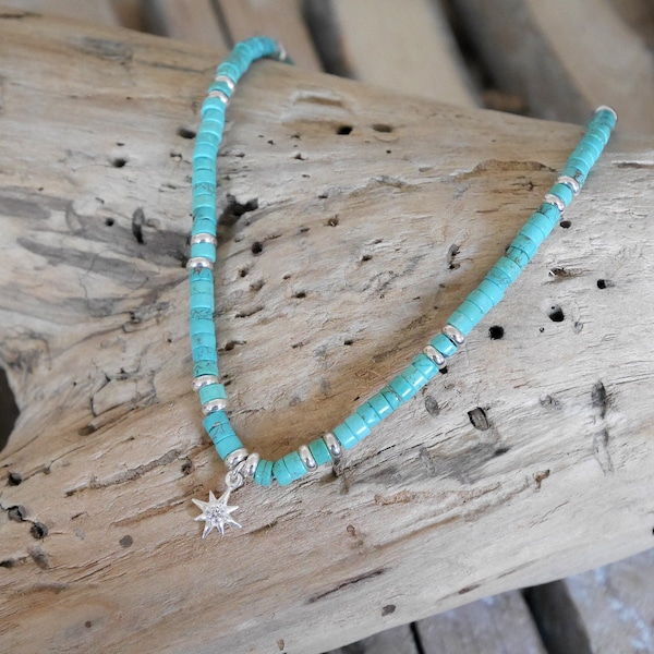 Necklace heishi ras-de-neck in turquoise and silver 925, star pendant. Turquoise heishi necklace. (COSS10) Christmas gift woman or girl