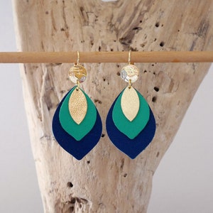 Leaf earrings in emerald green, navy blue and gold leather. Drop buckles in green, navy and gold leather. Wife Christmas gift.