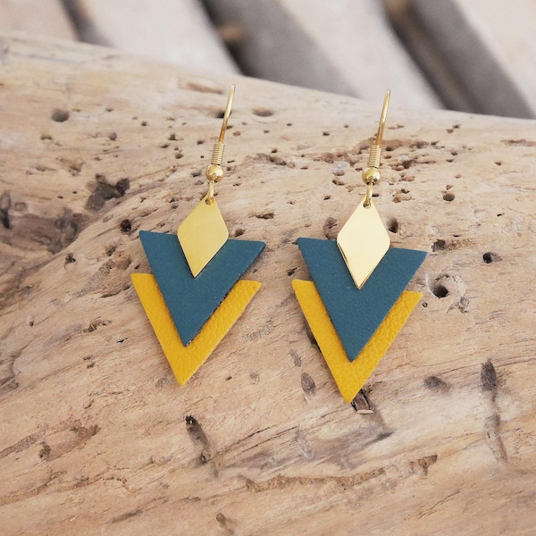 Geometric triangle earrings in teal and mustard yellow leather. Yellow and blue earrings. Stainless steel earrings. Gift for women