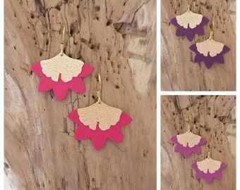 Fuchsia pink, purple or purple and gold leather earrings. Ginkgo leaf earrings, lotus flower (BO249OR)