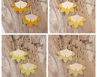 Earrings in yellow and gold leather. Ginkgo leaf earrings, lotus flower (BO249OR)