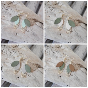 Boucles d'oreilles feuilles en cuir vert kaki, beige, marron ou vert amande. Boucles géométriques. Cadeau Noël femme