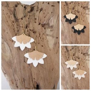 Earrings in white, black or ivory and gold leather. Ginkgo leaf, lotus flower earrings (BO249OR)