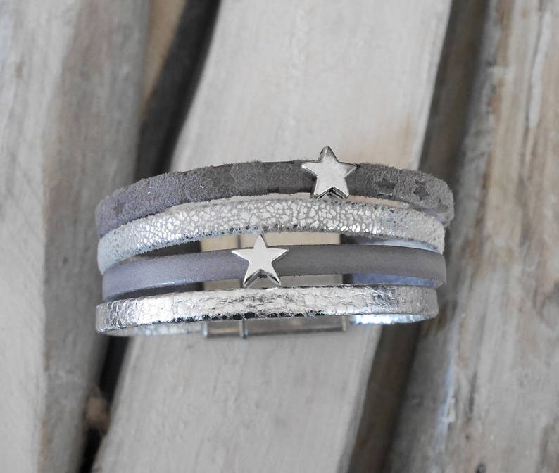 gift Christmas woman or girl Grey or black and silver leather Cuff Bracelet with Silver Star loops BR06