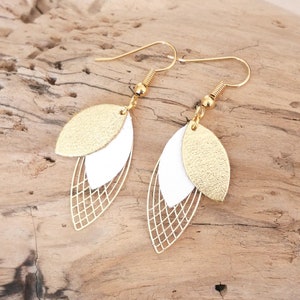 Ivory or white and gold leather leaf earrings. Leather leaf buckles. Bridal curls. Wedding curls. Women's gift BO361ivgold image 2