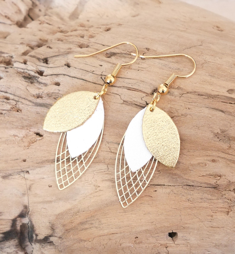 Ivory or white and gold leather leaf earrings. Leather leaf buckles. Bridal curls. Wedding curls. Women's gift BO361ivgold image 2