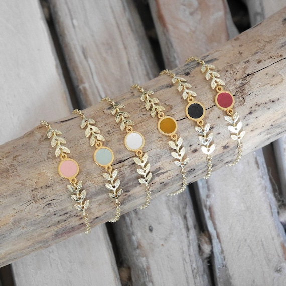 Bracelet minimaliste fin doré chaîne et chaîne épi feuilles, intercalaire rose, vert, ivoire,noir,rouge,moutarde. Cadeau Noël femme fille