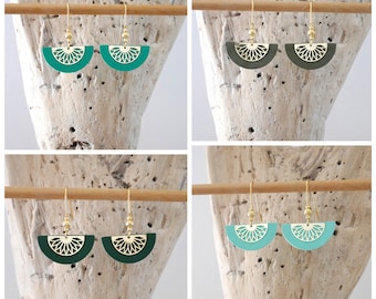 Golden half-moon earrings in emerald green, khaki, mint green (or water green) or pine green leather. (BO369) Christmas gift idea for women