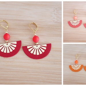 Gold half-moon earrings in red, orange or coral leather. (BO373). Fan earrings. Christmas gift idea for women