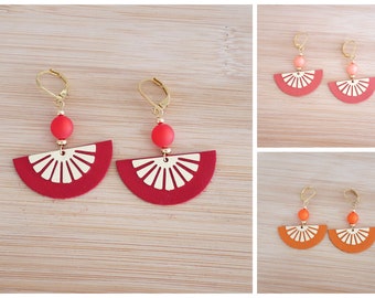 Gold half-moon earrings in red, orange or coral leather. (BO373) Christmas gift idea for women